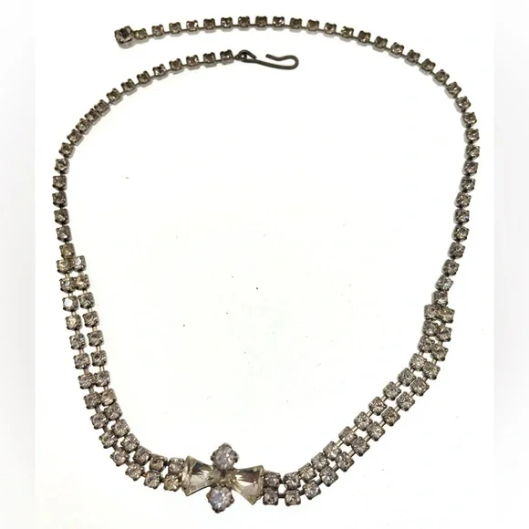 VTG 1950s Rhinestone Necklace Silver Tone Bow Design Bridal Prom Statement MCM - Picture 5 of 5
